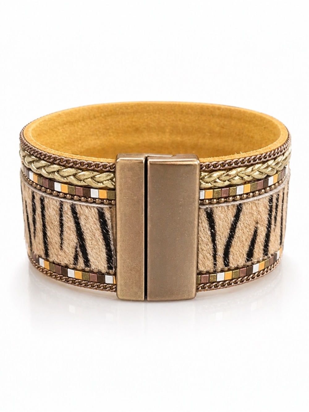 Boho Tiger Print Magnetic Wrap Bracelet | Mixed Metal Gold Multi Strand Cuff NWT